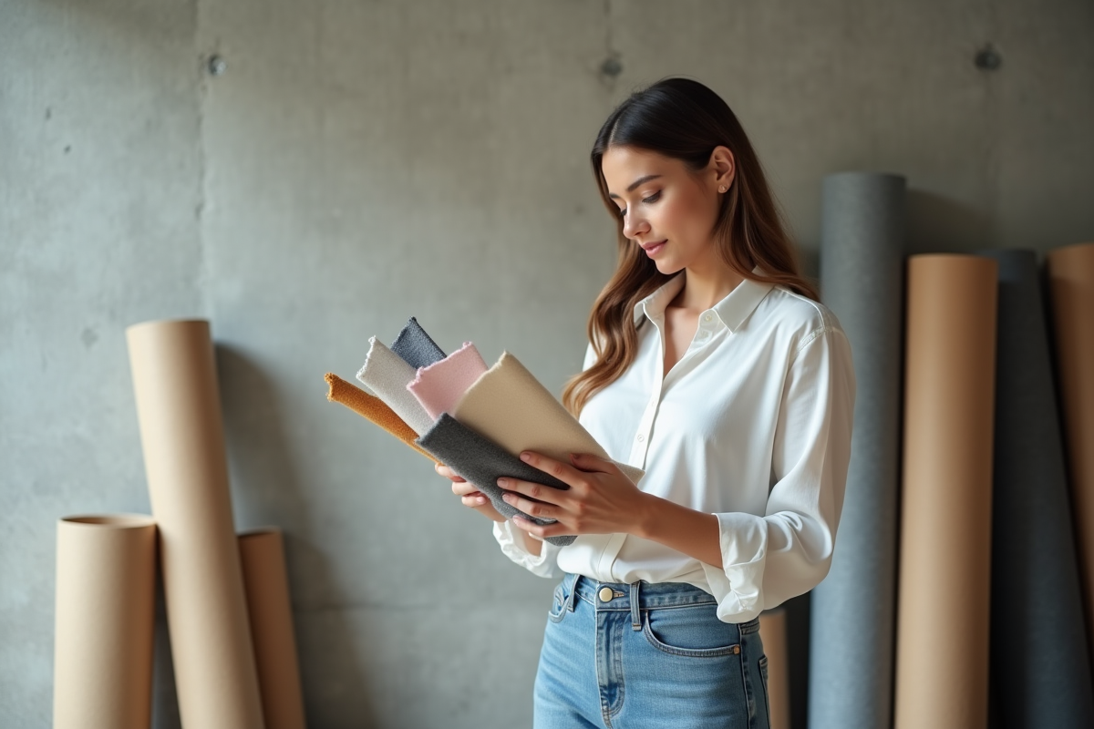 Jeune femme examine des échantillons de tissus colorés
