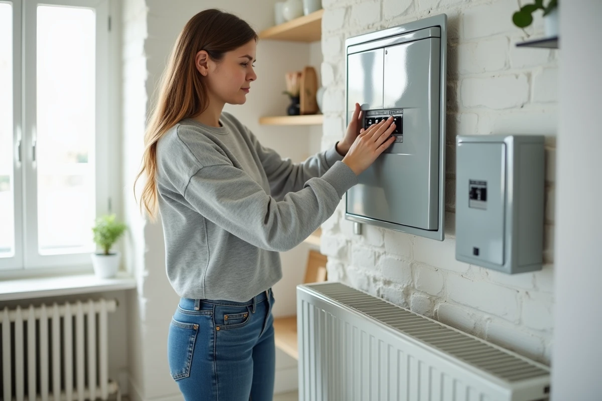 Jeune femme étiquetant un tableau électrique dans un intérieur moderne