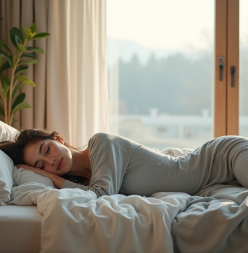 Meilleur emplacement : lit à proximité de la fenêtre pour un sommeil paisible Jeune femme dormant paisiblement dans une chambre moderne