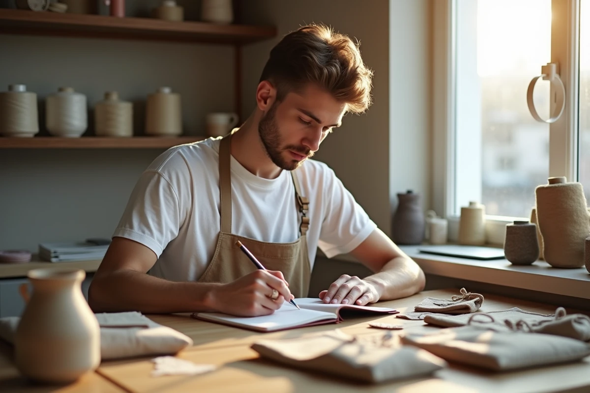 Jeune homme travaillant sur ses pochettes dans son atelier lumineux