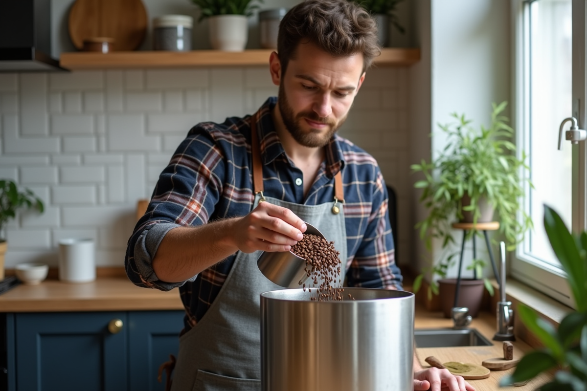 Jeune homme versant des grains de cafe dans un compost de cuisine