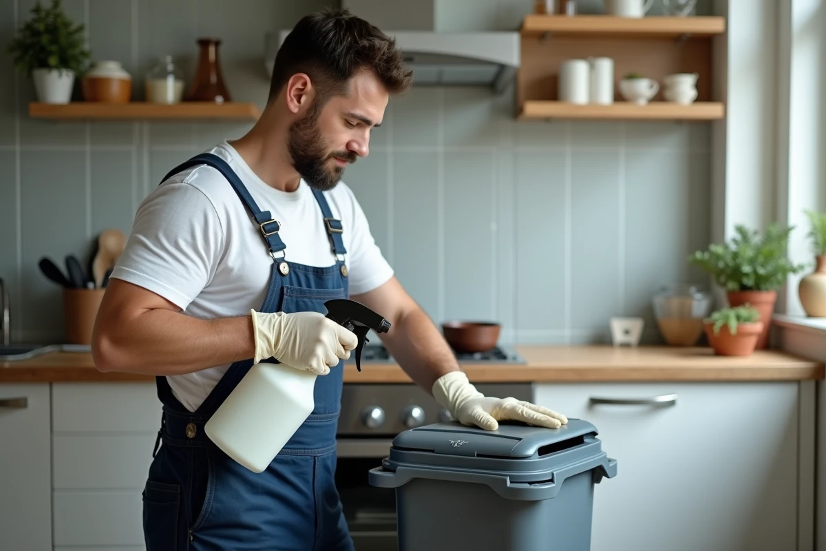 Jeune homme désinfectant le couvercle d