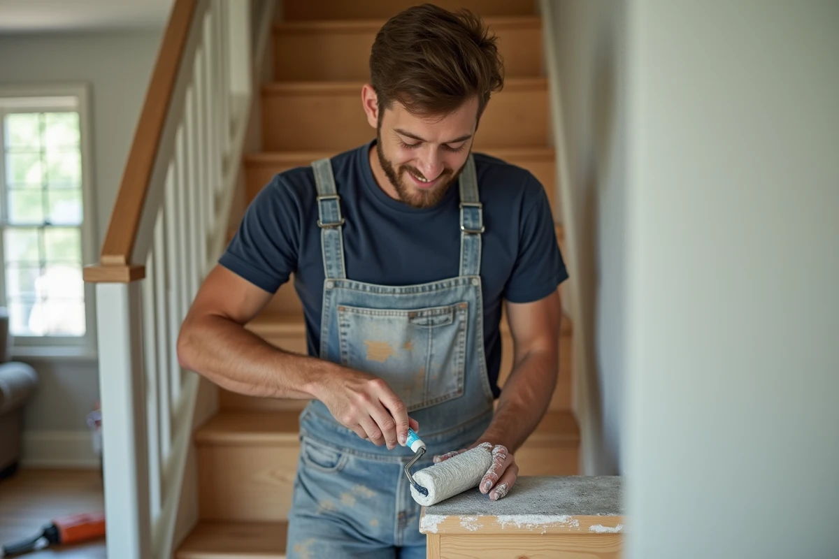 Jeune homme en vêtements de peintre repeignant un escalier en bois