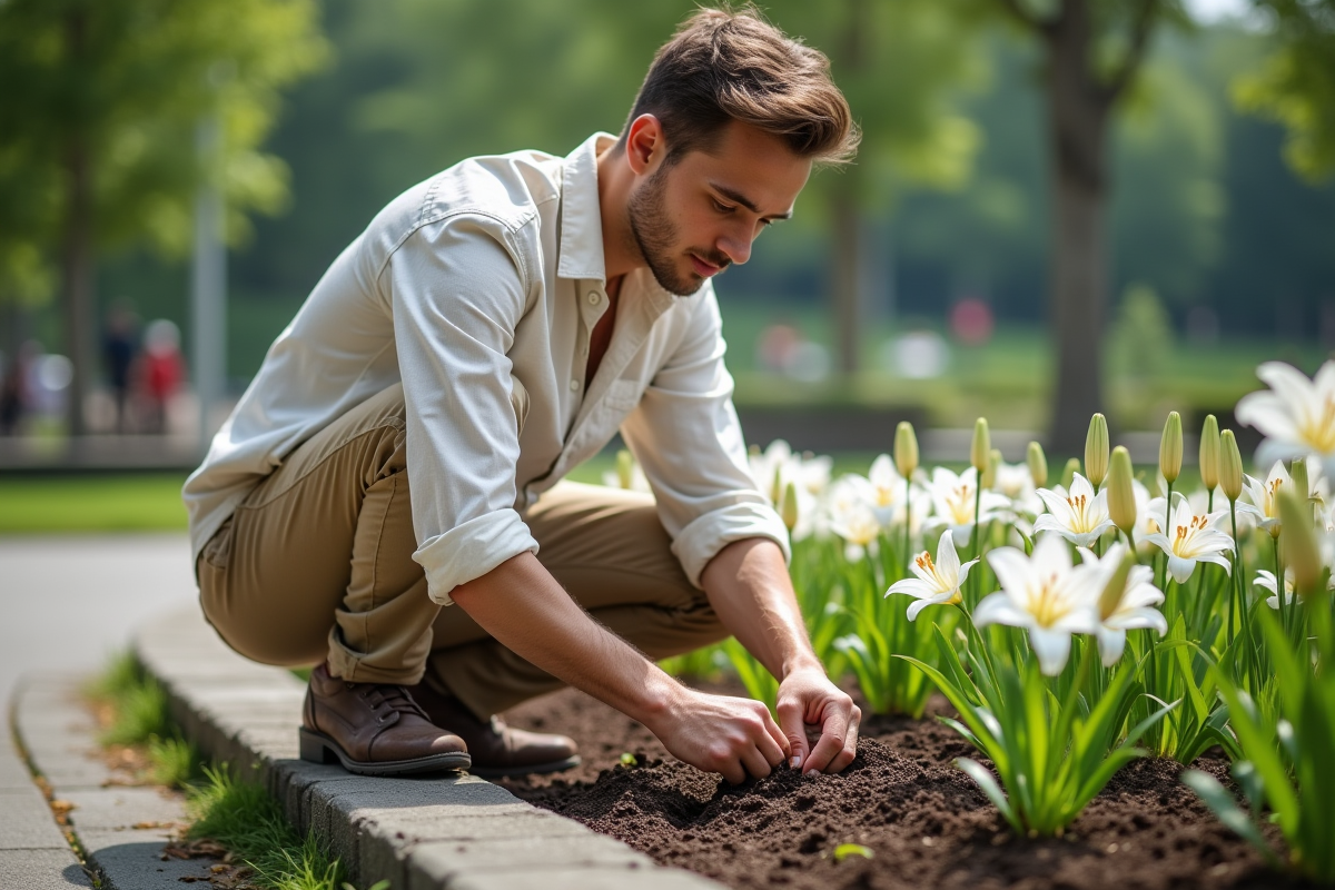 Jeune homme plantant des lys dans un parc urbain