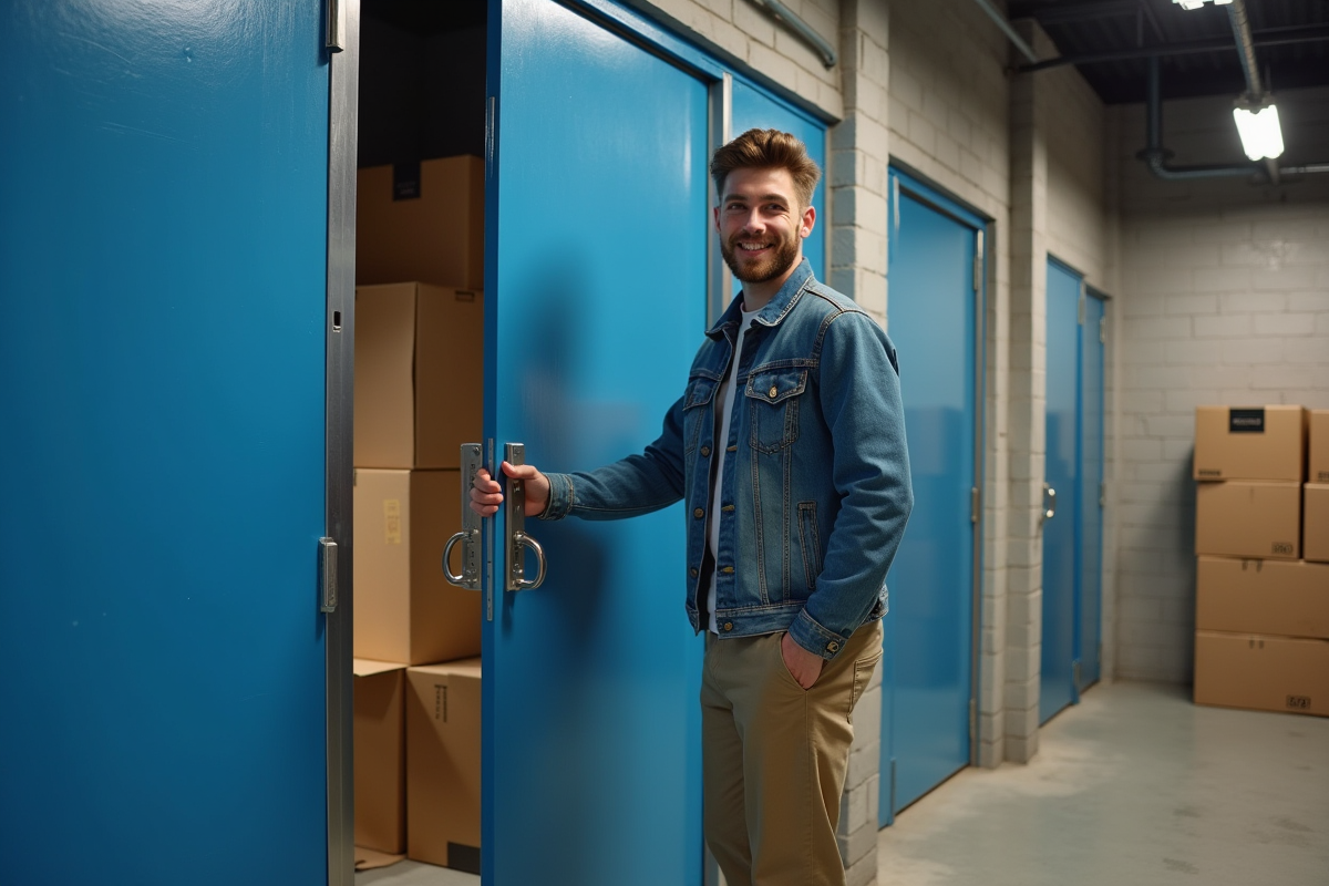 Jeune homme ouvrant une porte de cave de stockage moderne