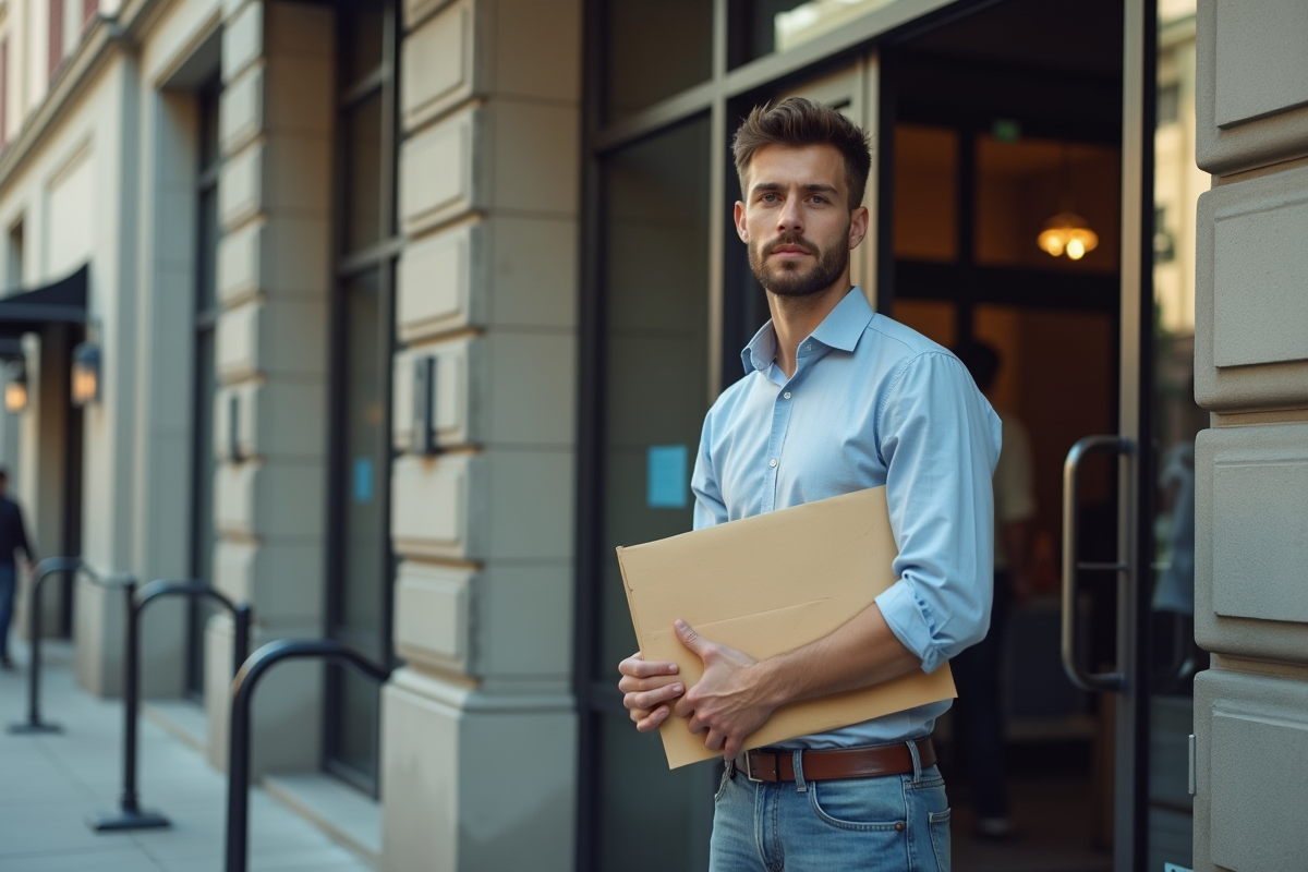 Jeune homme devant un bureau de poste en ville avec enveloppe