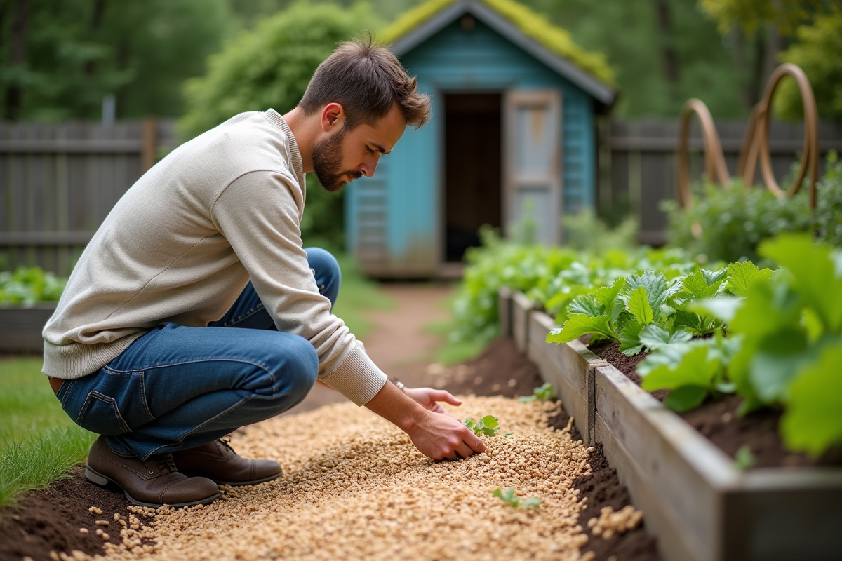 Jeune homme vérifiant le paillage de pellets de bois dans le potager