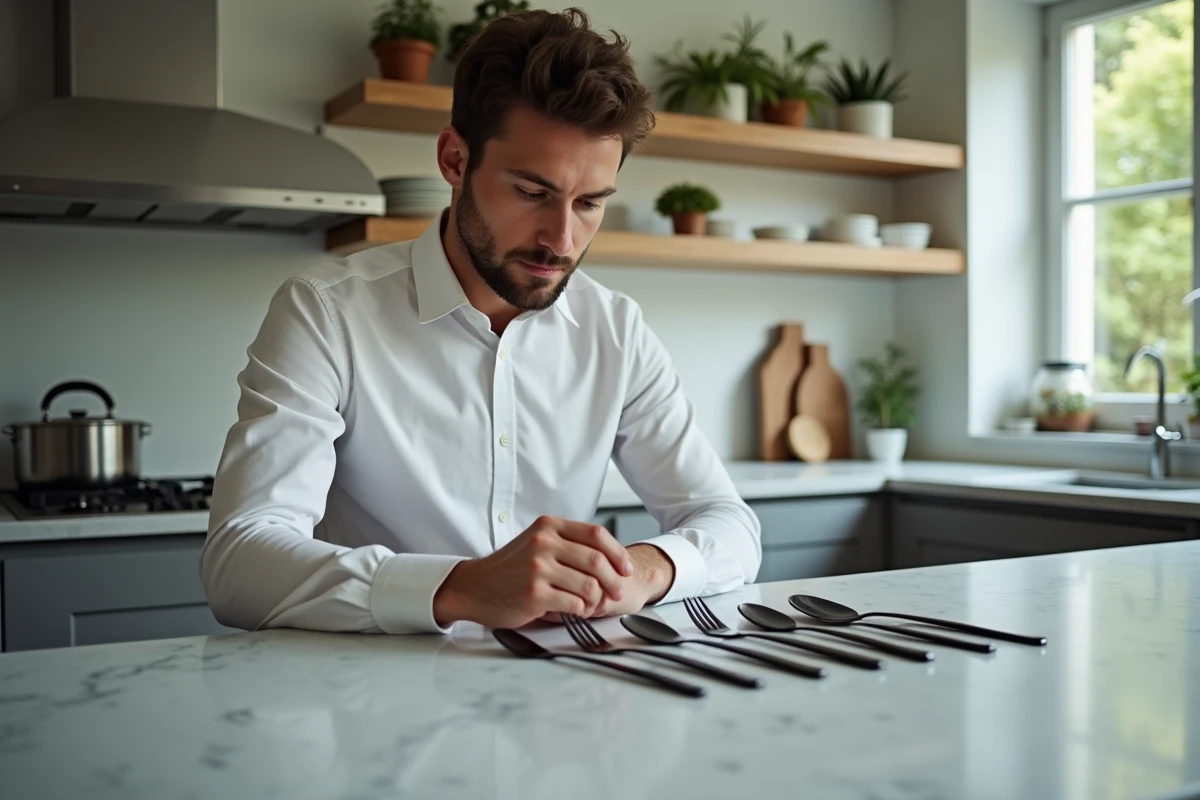 Jeune homme examinant des couverts en argent noirci dans une cuisine moderne