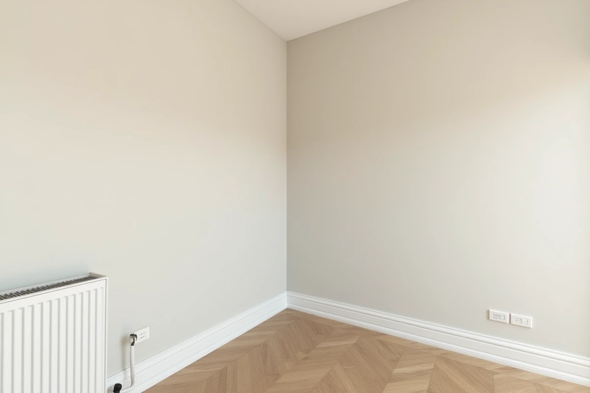 Jonction plafond-mur parfaitement jointoyée et peinte en blanc sans microfissures dans une pièce rénovée