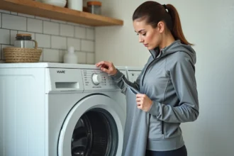 Femme lisant le pictogramme d'entretien d'un vêtement de sport technique avant de le laver en machine