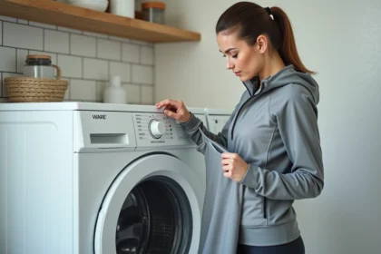 Femme lisant le pictogramme d'entretien d'un vêtement de sport technique avant de le laver en machine
