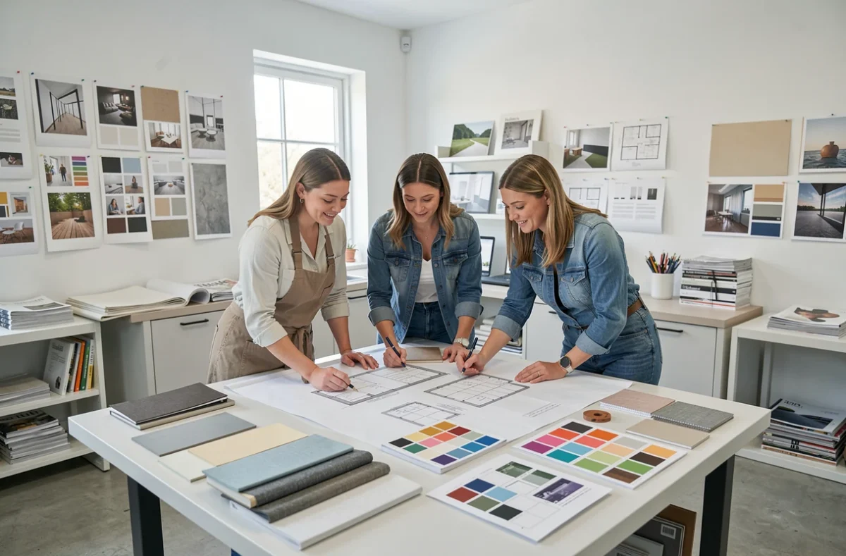 Trois designers de l'entreprise Les 3L collaborant autour de plans et d'échantillons de matériaux dans un studio de design de cuisine