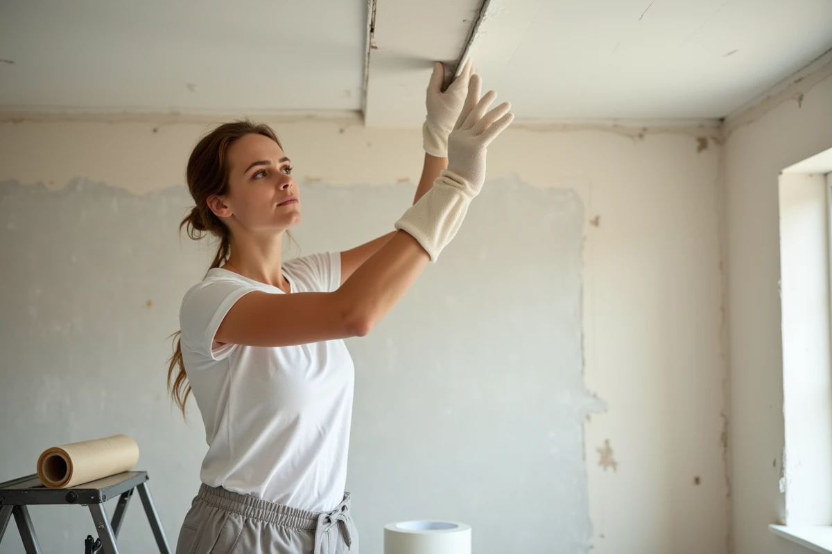 Femme lissant un joint acrylique au doigt sur la jonction plafond-mur dans un salon en cours de rénovation