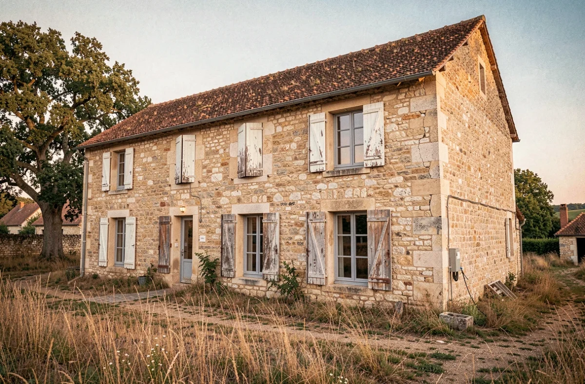Façade d'une ancienne maison en pierre de campagne française avec toiture en tuiles et volets en bois dégradés, patrimoine à protéger du capricorne