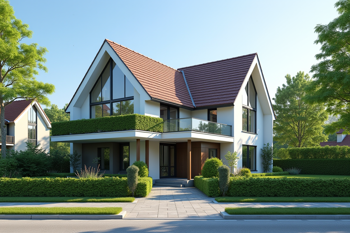Maison moderne avec toit rénové contrastant avec une maison endommagée
