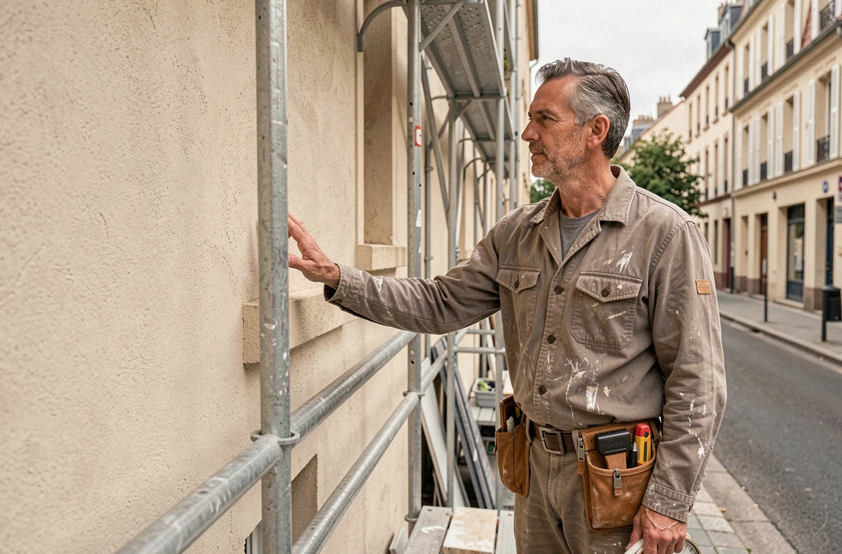Entrepreneur de MB Rénovation inspectant la qualité d'un enduit de façade sur un immeuble en rénovation