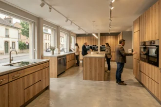 Showroom de cuisinistes dans l'Aisne avec plusieurs cuisines aménagées exposées et des clients en train de consulter un conseiller