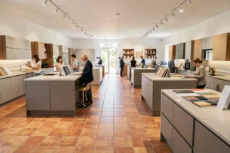 Showroom de cuisinistes dans le Gard avec plusieurs cuisines exposées et des clients en train de comparer des modèles