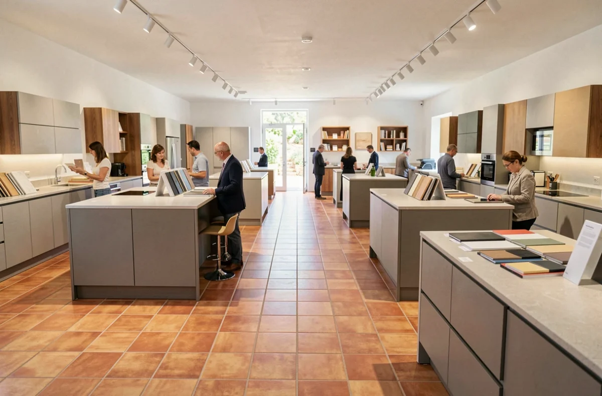 Showroom de cuisinistes dans le Gard avec plusieurs cuisines exposées et des clients en train de comparer des modèles