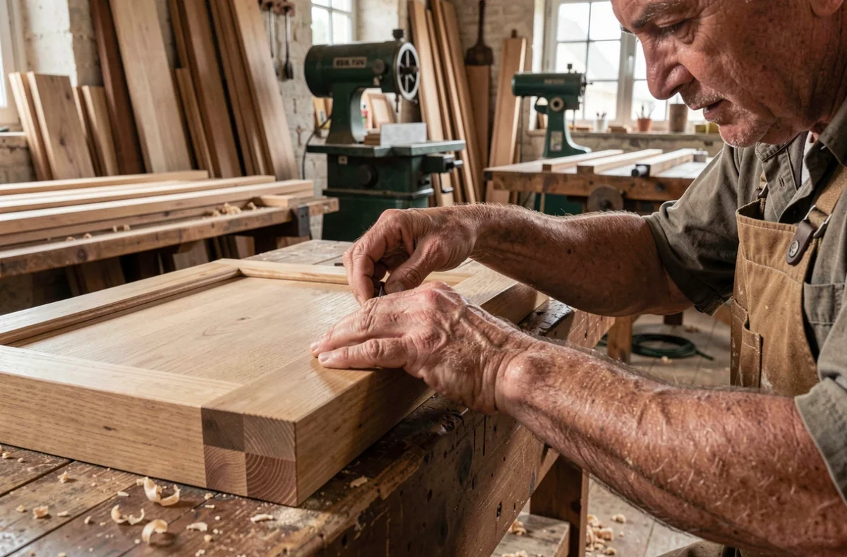 Charpentier de Menuiseries Frontonnaises assemblant une porte de cuisine en bois massif dans un atelier artisanal