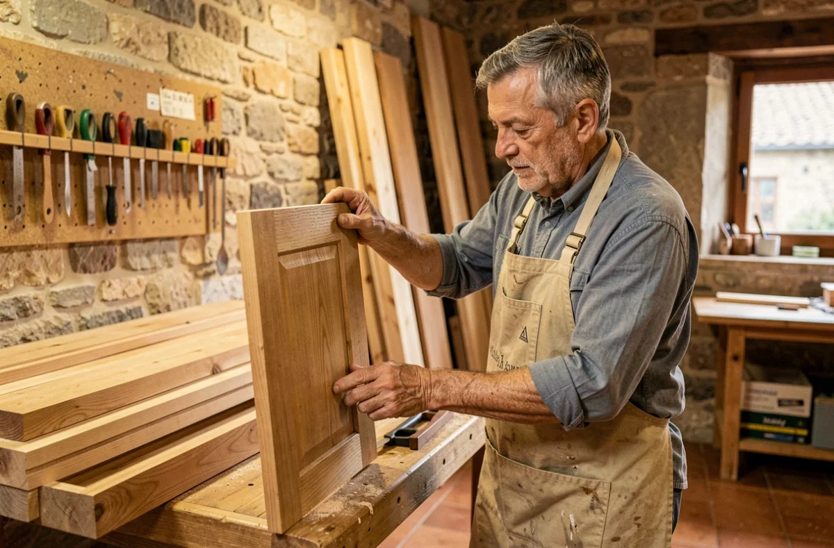Menuisier-cuisiniste artisanal du Gard ajustant une porte de meuble en chêne massif dans son atelier traditionnel