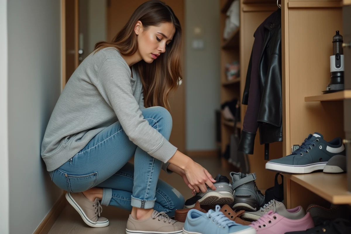 Mère de famille évaluant la capacité d'un petit meuble à chaussures Nano face à de nombreuses paires de chaussures familiales