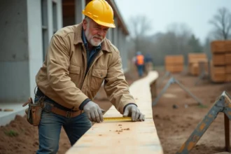 Ouvrier mesurant un bastaing madrier sur un chantier de construction pour calculer sa portée admissible