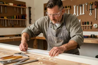 Artisan mesurant une plinthe en MDF blanche sur un établi de bricolage avant découpe à l'onglet