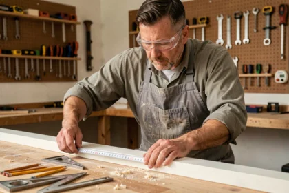 Artisan mesurant une plinthe en MDF blanche sur un établi de bricolage avant découpe à l'onglet