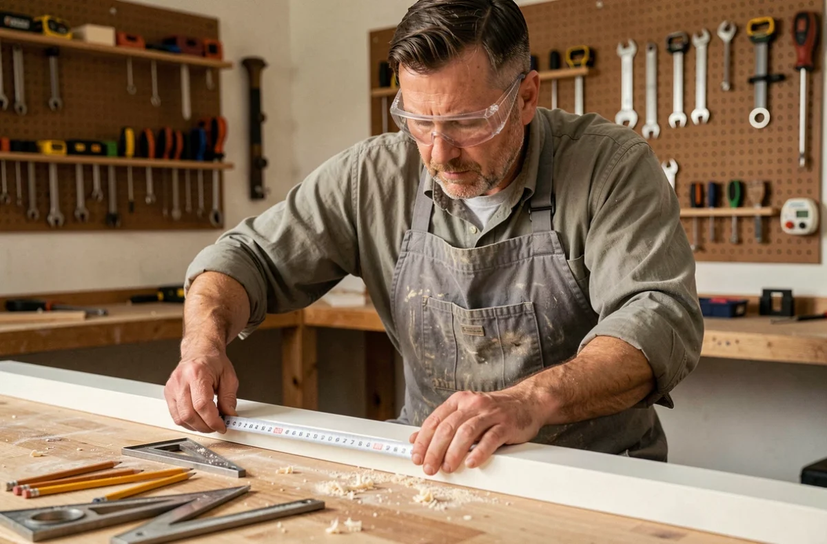 Artisan mesurant une plinthe en MDF blanche sur un établi de bricolage avant découpe à l'onglet