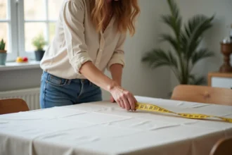 Femme mesurant un couvre-table en tissu dans une salle à manger moderne