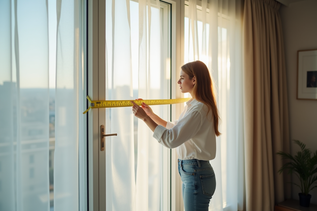 Personne mesurant une vitre avec un mètre en étant confus