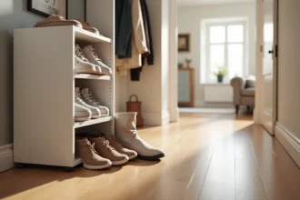 Meuble à chaussures Nano compact dans une entrée de maison familiale avec nombreuses paires de chaussures débordant des compartiments