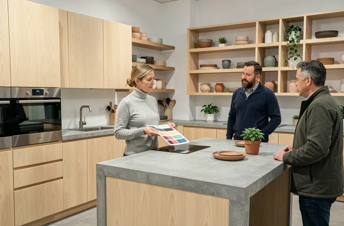 Cuisine scandinave en bouleau pâle avec plan de travail béton exposée dans le showroom Mobalpa à Nîmes