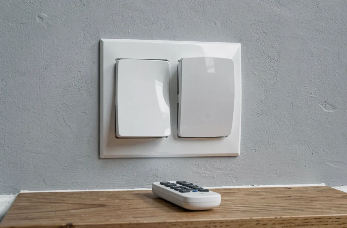 Gros plan sur un module récepteur Yokis et une télécommande installés dans un couloir résidentiel