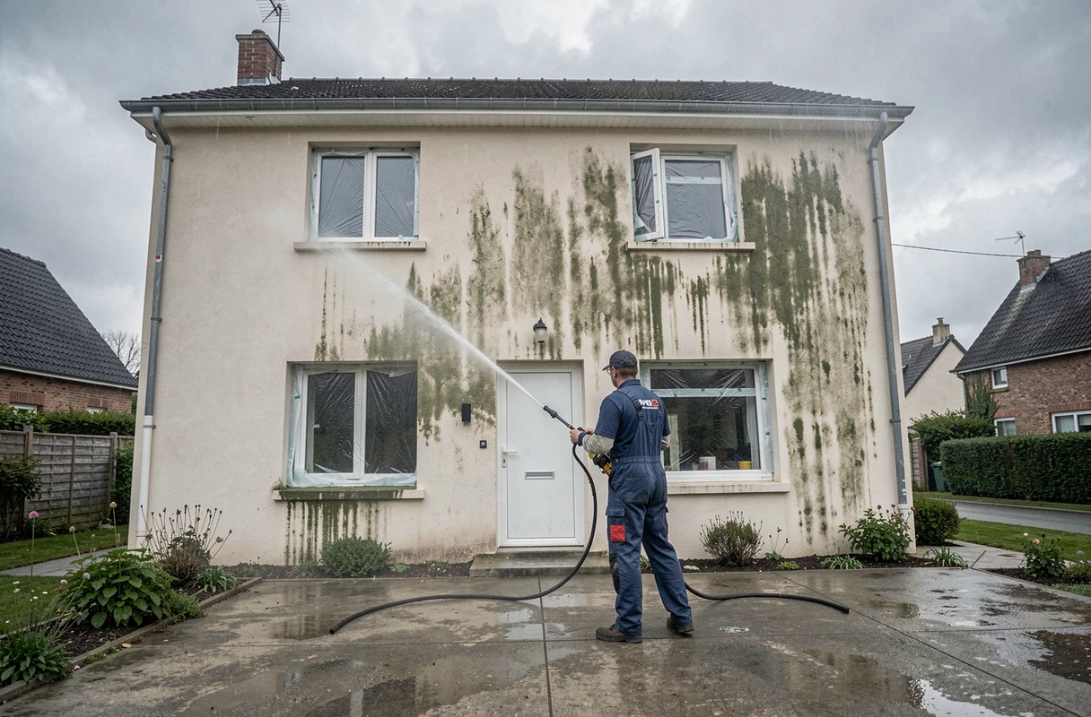 Agent de Multi Services en Bâtiment nettoyant au karcher la façade encrassée d'une maison en Ille-et-Vilaine