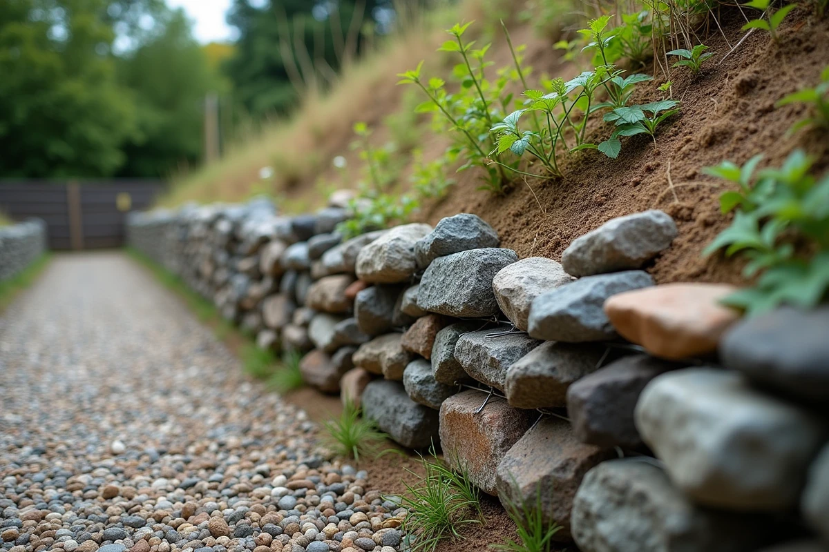 Détail d'un mur de soutènement en gabions remplis de pierres dans un jardin en pente avec végétation spontanée