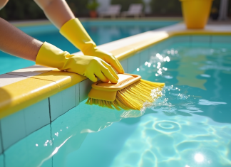 Main gantée nettoyant les murs jaunes de la piscine
