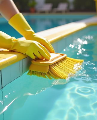 Main gantée nettoyant les murs jaunes de la piscine
