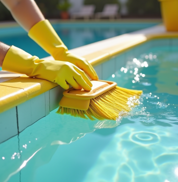 Main gantée nettoyant les murs jaunes de la piscine