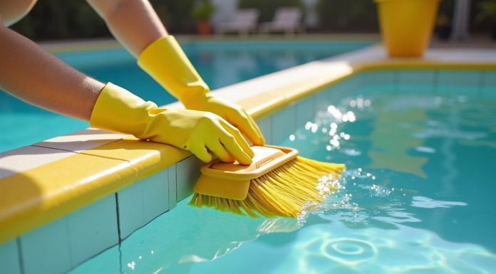 Main gantée nettoyant les murs jaunes de la piscine