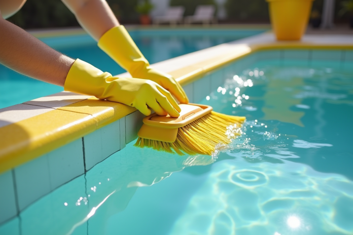 nettoyage-moustarde-algues-piscine Main gantée nettoyant les murs jaunes de la piscine