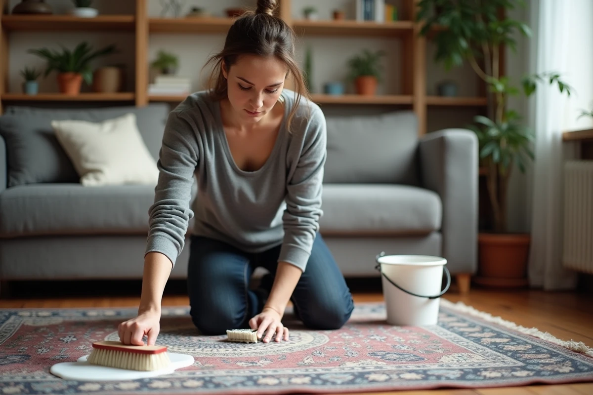 Femme nettoyant elle-même un tapis persan à la maison avec une brosse et de l'eau savonneuse