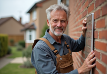 Les différents types d’isolant pour maison extérieure : comparatif et conseils Ouvrier en overalls posant une isolation sur un mur extérieur