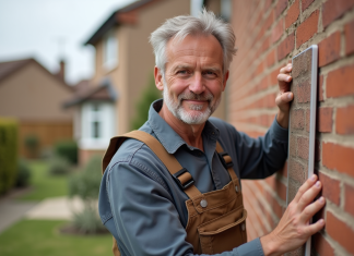 Ouvrier en overalls posant une isolation sur un mur extérieur
