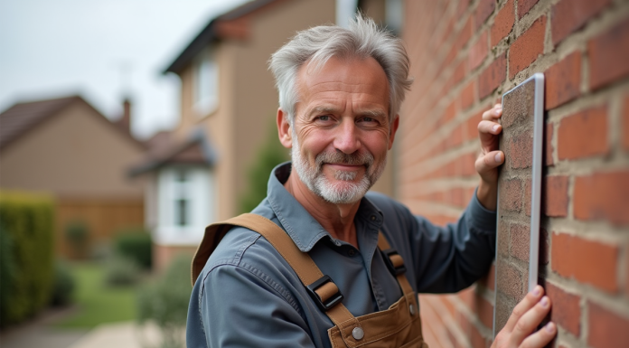Ouvrier en overalls posant une isolation sur un mur extérieur