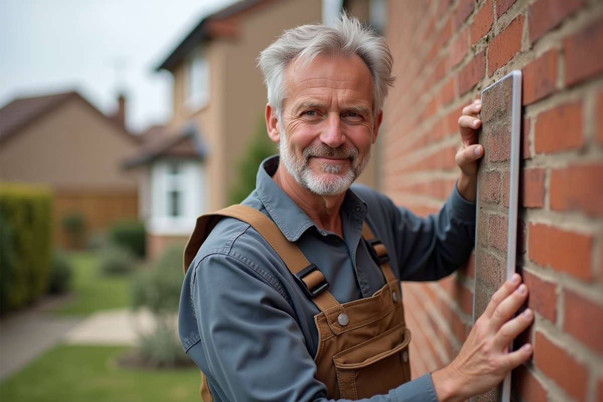 Ouvrier en overalls posant une isolation sur un mur extérieur