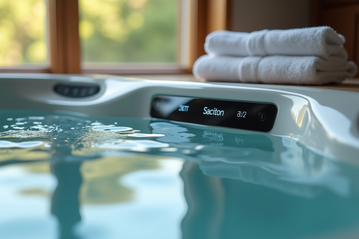 Panneau de contrôle numérique du spa en mode vacances avec reflets d
