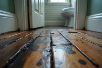 Parquet noirci et gondolé près d'un seuil de salle de bains avec traces d'humidité et bois déformé