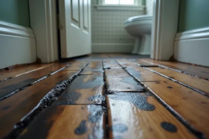 Parquet noirci et gondolé près d'un seuil de salle de bains avec traces d'humidité et bois déformé